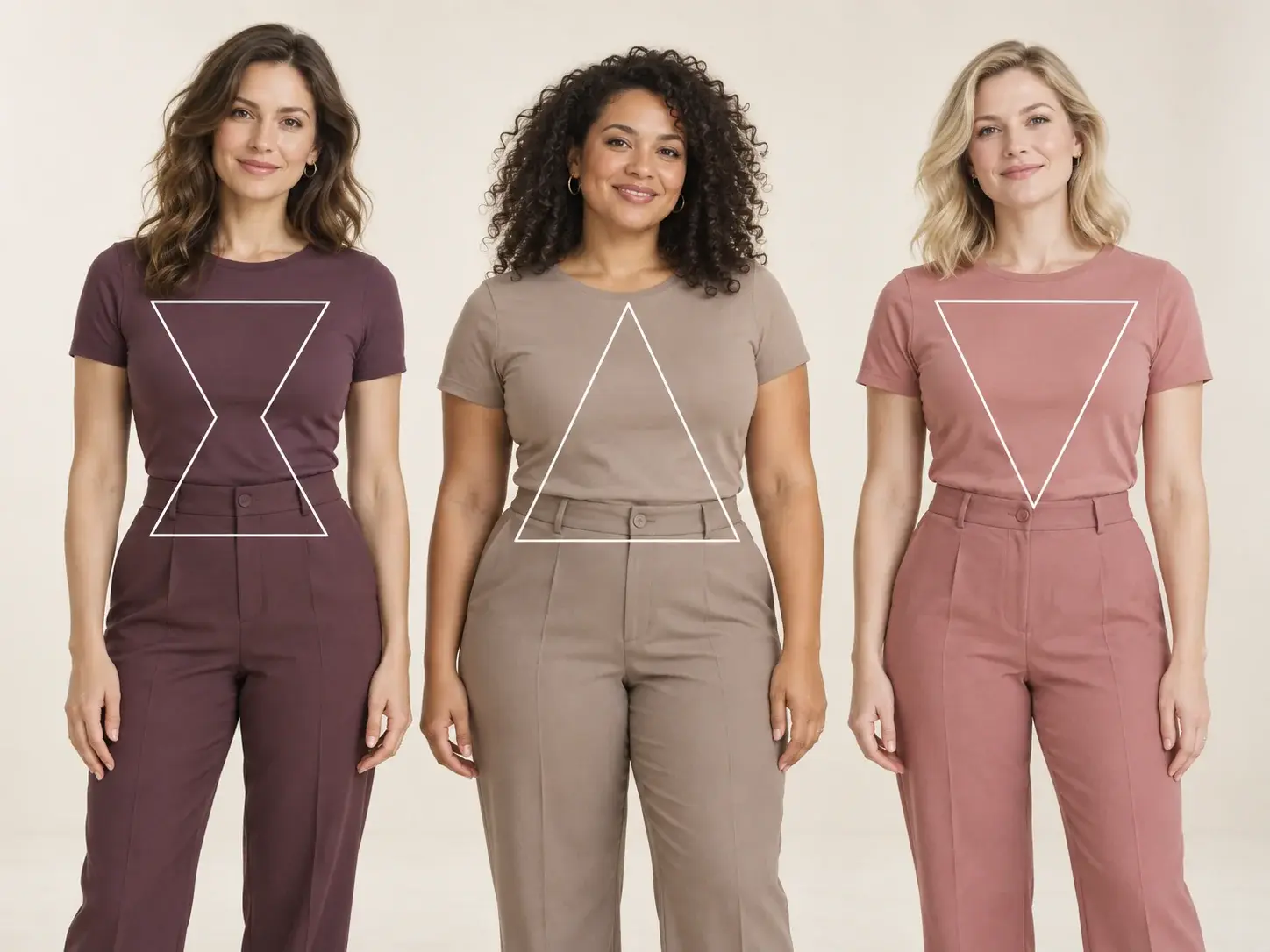 Three clothed women with hourglass, pear and inverted triangle body shape outlines