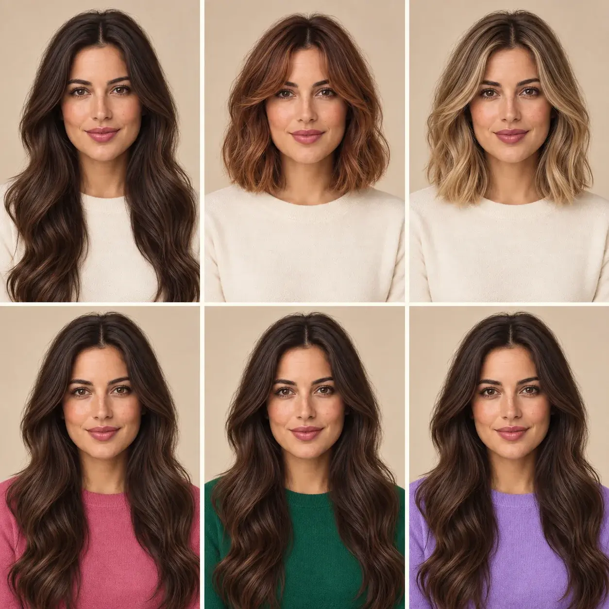The same woman with three hairstyles and hair colors above three different clothing colors