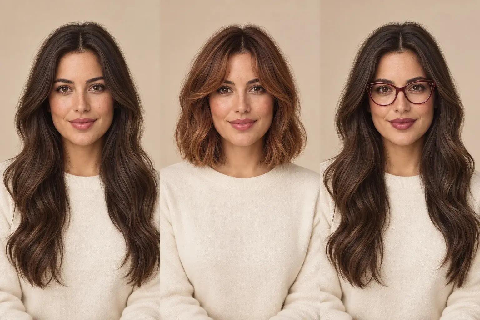 One woman with her original hair, a copper bob, and glasses with makeup
