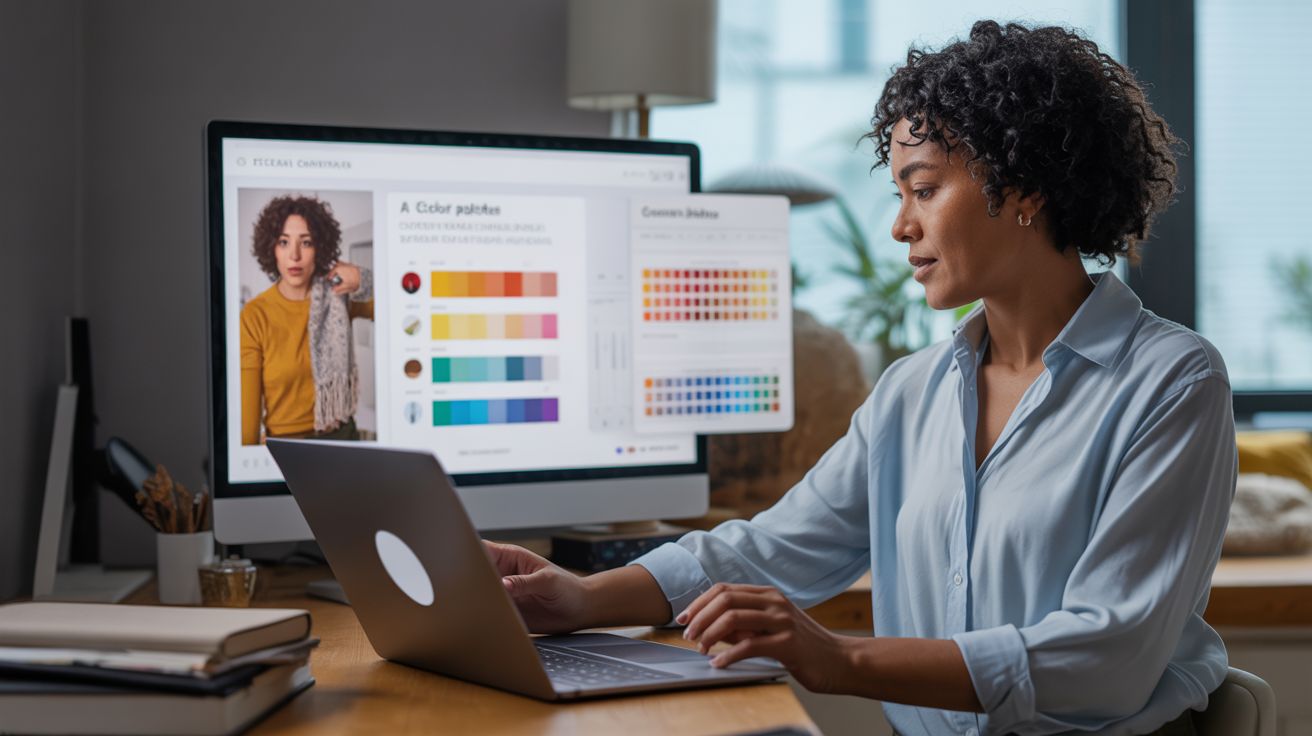 Woman using laptop for virtual color analysis consultation with digital color palettes and AI analysis interface
