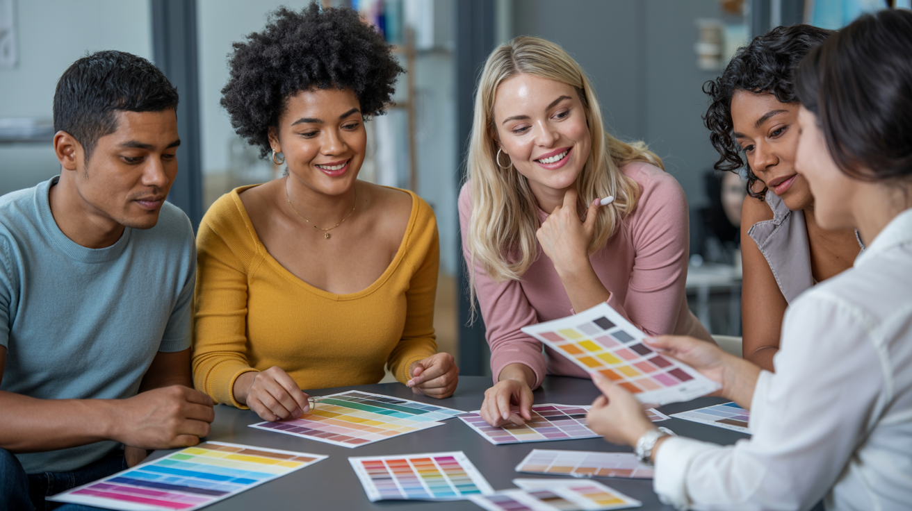 Diverse group of people discovering their perfect color seasons in a professional color analysis consultation