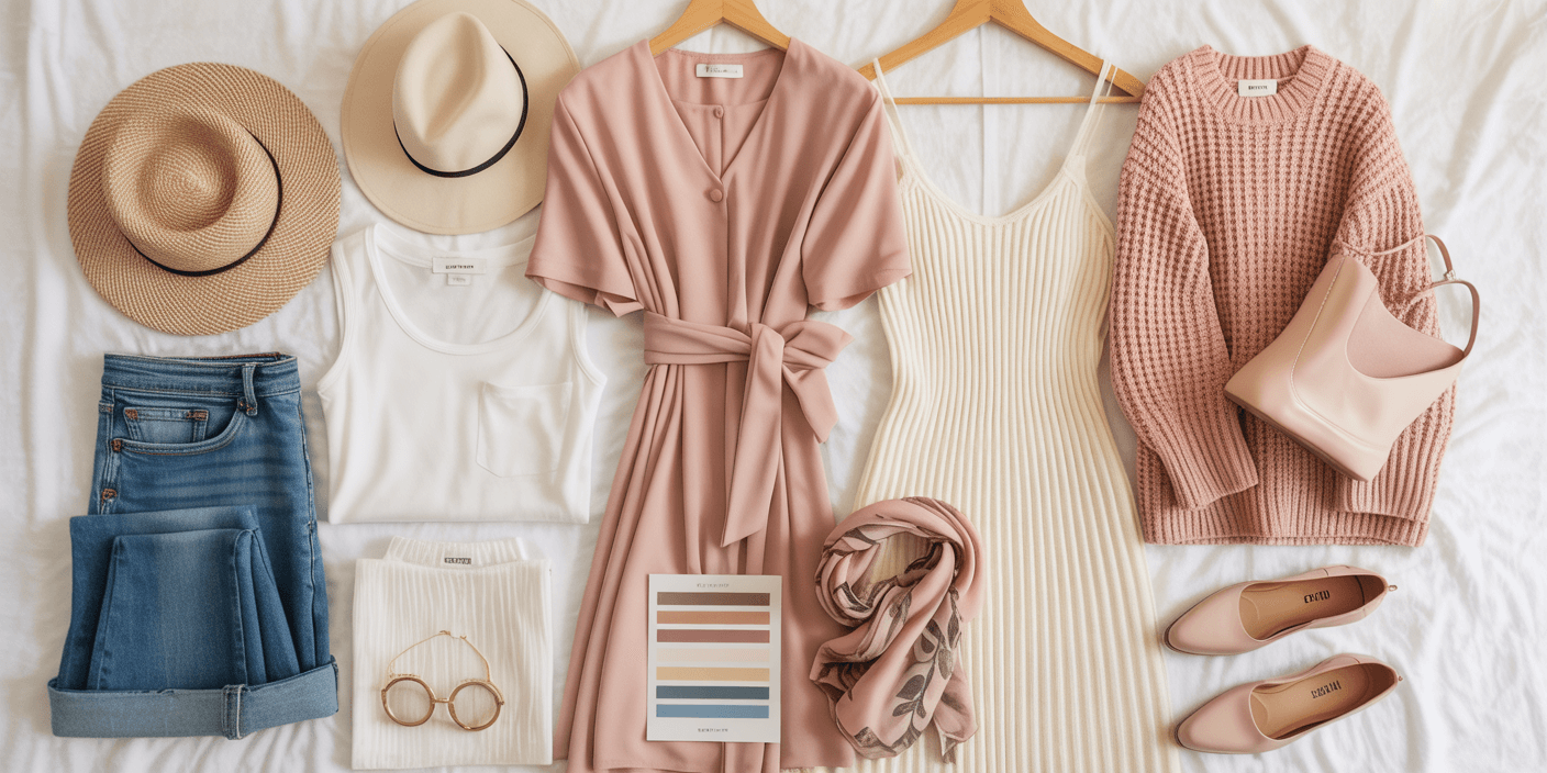 Flat-lay of a capsule wardrobe with clothing and accessories in harmonious, coordinated colors, with a color palette card included.