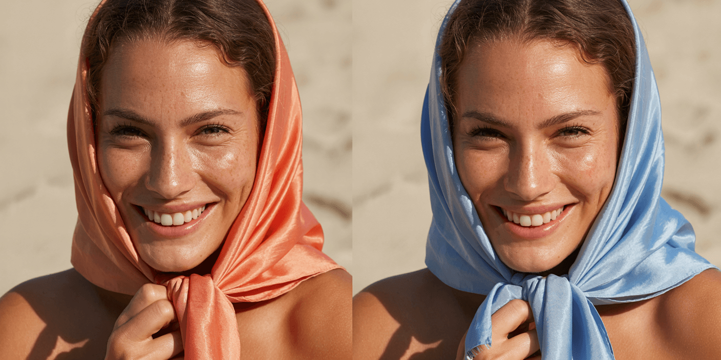 Photo showing a woman trying both a warm coral scarf and a cool blue scarf to compare color impact on her complexion.