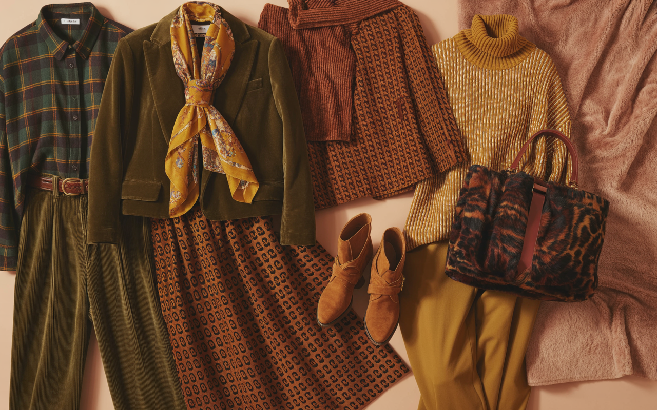 Deep autumn patterns and textures combined in outfits