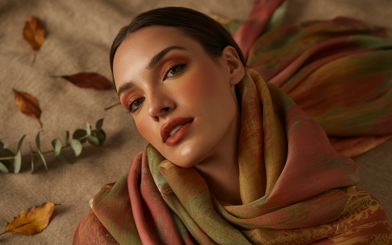 Deep autumn warm undertones showcased in makeup and styling