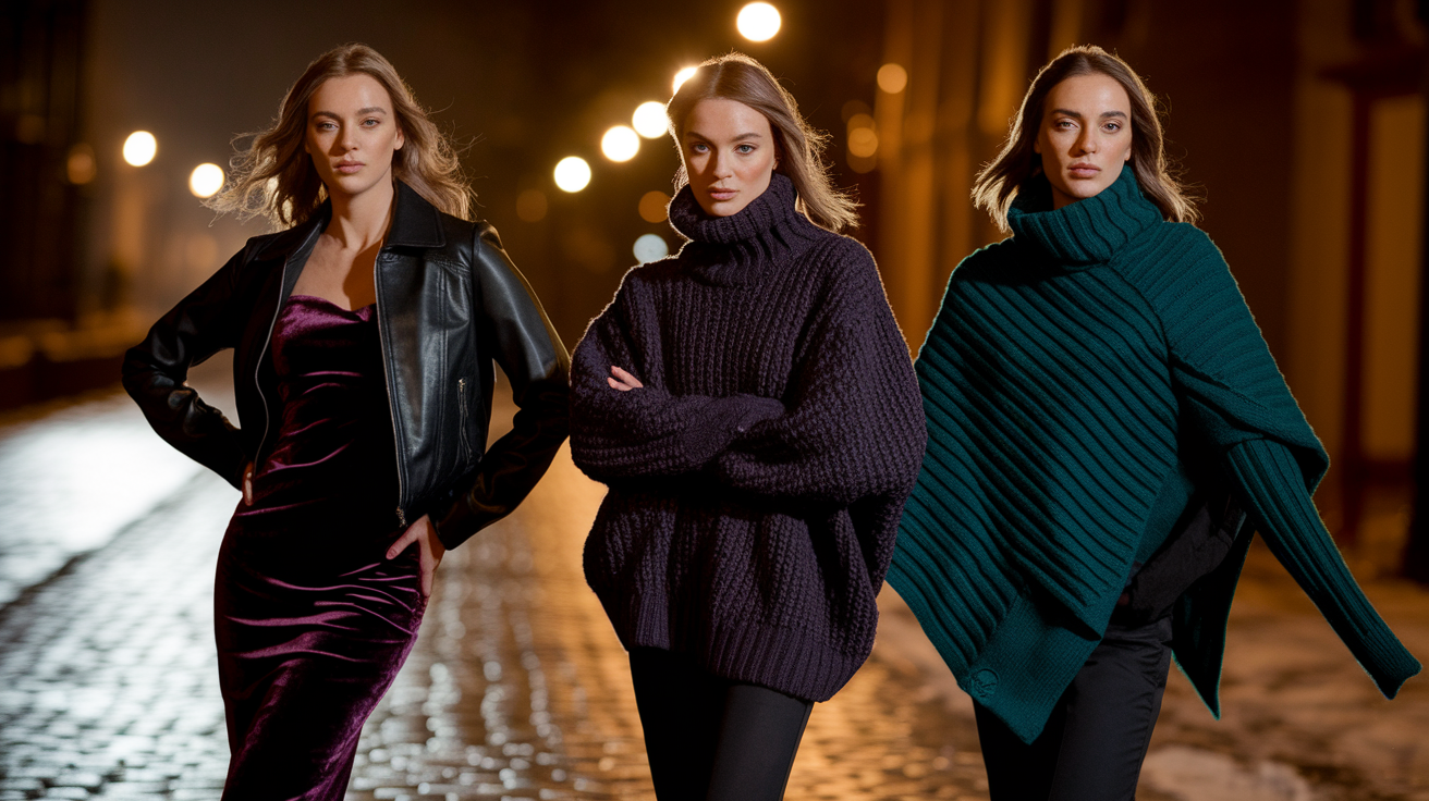 Deep Winter texture styling with velvet, leather, and chunky knits