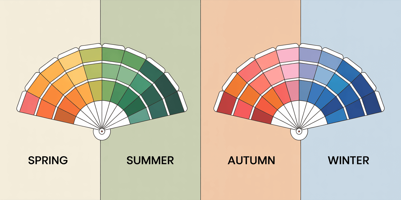 Fan-shaped color palettes for Spring, Summer, Autumn, and Winter with icons of women representing each season.