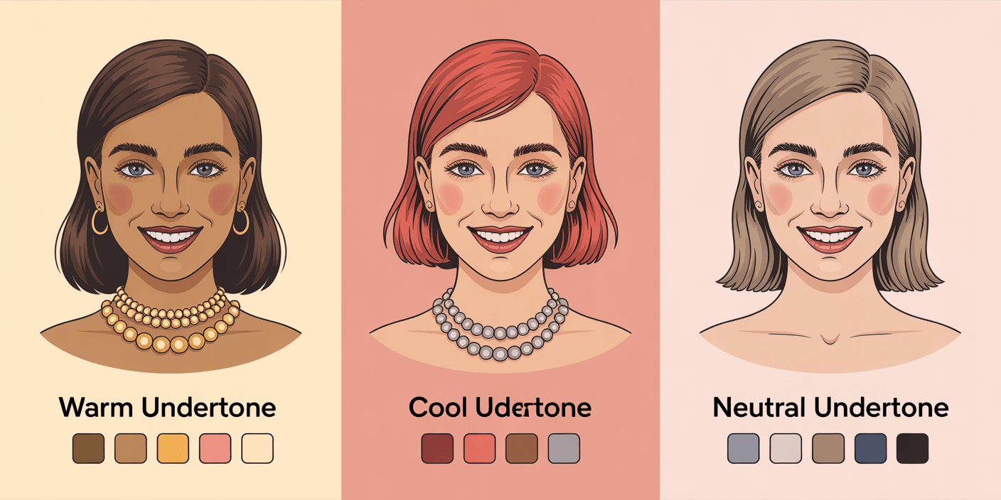 Infographic comparing warm, cool, and neutral undertones with matching color palettes.